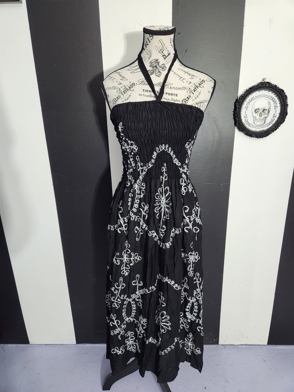 Bali Black Strapless Maxi Dress with White Embroidery